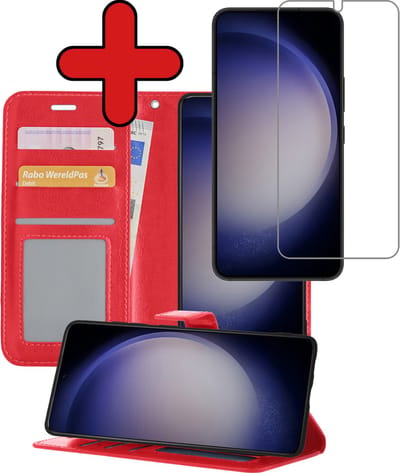 Hoesje - Met Screenprotector - Geschikt voor Samsung Galaxy S23 - Luxe Pasjeshouder - Flipcase - Bookcase Portemonee - Flip Case - Kunstleer Book Case - Book Cover - Walletcase - Portemonneehoes - Telefoonhoes - Rood