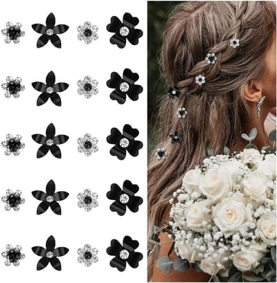20 Stuks Zwarte Kleine Bloem Haarclips, Schattige Mini Haaraccessoires met Rhinestones voor Vrouwen, Bruiloft en Feestjes, Perfect voor Meisjes en Bruiden