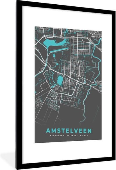 Fotolijst incl. Poster - Stadskaart - Amstelveen - Grijs - Blauw - 60x90 cm - Posterlijst - Plattegrond