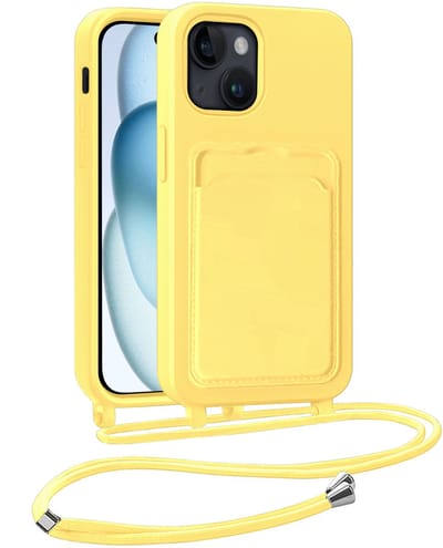 Hoesje Geschikt voor iPhone 15 Plus Hoesje Met Telefoonkoord en Pasjeshouder Siliconen - Hoes Geschikt voor iPhone 15 Plus Hoesje Met Kaarthouder Case - Geel