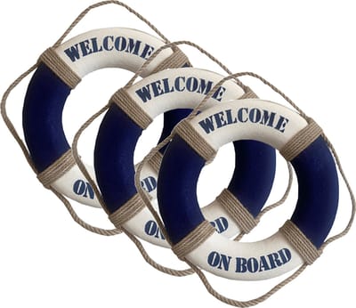 Gerkimex Reddingsboei - 3x - Welcome on board - 14 cm - blauw/wit - kunststof - maritiem thema decoratie