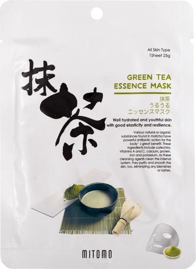 Mitomo Green Tea Matcha Gezichtsmasker - Face Mask Japans Verrijkt met o.a. Hyaluronzuur Camellia Sinensis Olie Aloe Vera Castor Olie - Gezichtsmaskers Verzorging - Mask - JBeauty Rituals - 4 st