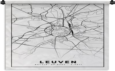 Wandkleed - Wanddoek - België – Leuven – Stadskaart – Kaart – Zwart Wit – Plattegrond - 180x120 cm - Wandtapijt