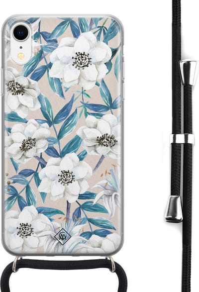 Casimoda® hoesje met koord - Geschikt voor iPhone XR - Bloemen / Floral blauw - Afneembaar koord - Siliconen/TPU - Blauw