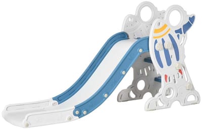 Kinder Slide met Antislip Treden en Makkelijk Grijpbare Handvaten, Stevige Ondersteuning, Rocketvorm, Geschikt voor Kinderen van 1.5-3 Jaar Binnen, 157x46.5x80 cm, Blauw + Wit