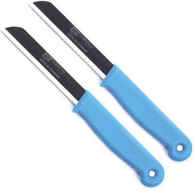 Solingen Kartelmes – Tomatenmes met Kartel – RVS – 18,5 cm met Blade Cover – Blauw / Turquoise – 2 stuks