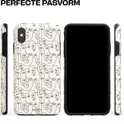 Casetastic hoesje geschikt voor Apple iPhone XS Max - Dubbellaagse bescherming - Art Deco Creme Abstractie Lijntekening Gezichten - Fashion Case - Zilver Crème Wit