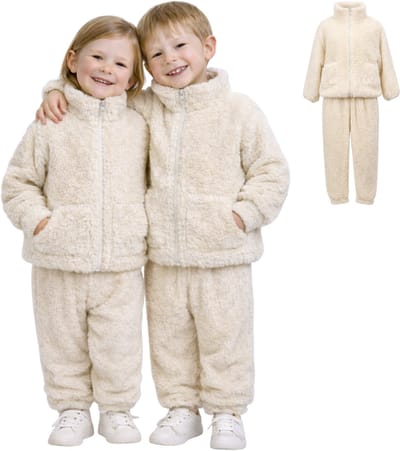 Joya Kids® Teddy Fleece Set Kinderen Crème | 2-delige Joggingpak Winter | Zachte Warme Kinderkleding | Vest met Rits & Broek | Unisex | Maat 90 | 12-24 Maanden