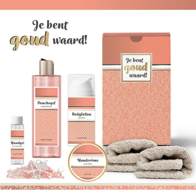Geschenkset “Je Bent Goud Waard!” - 6 producten - 530 gram - Triomf Cosmetica | Luxe Cadeaubox voor haar Wellness Pakket Vrouw Giftset Vriendin Moeder Cadeaupakket Collega Cadeau Zus Verjaardag Oma Moederdag Kerstpakket Kerst Cadeau Goud Zalmroze