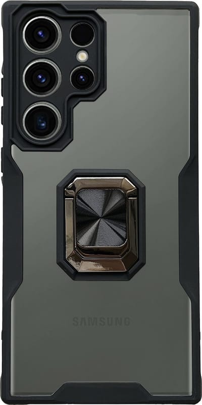 Casemania Hoesje Geschikt voor Samsung Galaxy S23 Ultra - Zwart - Transparant Back Cover Kickstand Ring