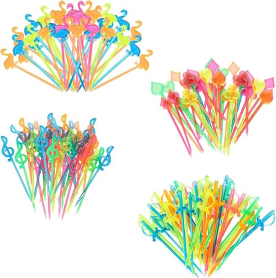 200 Stuks Herbruikbare Fruitprikkers voor Kinderen, Mini Forks voor Lunchbox en Snacks met 4 Ontwerpen zoals Zwaarden, Muzieknoten en Flamingo's