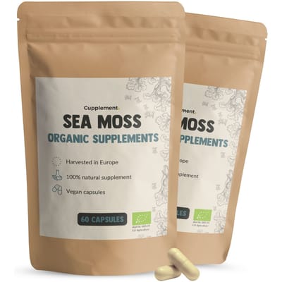 Cupplement Sea Moss 500 mg Biologisch Combideal 2x 60 Capsules - Zeemos Irish Moss, Seamoss, Seaweed, Zeewier sea moss gel - Vegan - Zonder toevoegingen - Vegan Zeewiersupplement - Lab getest - 60 dagen voorraad per zakje