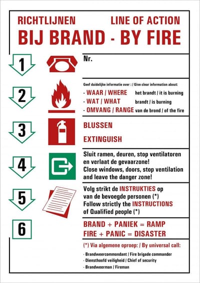 Richtlijnen bij brand sticker, tweetalig, staand 148 x 210 mm