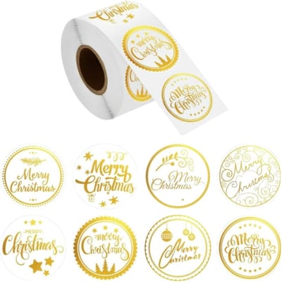 Fako Bijoux - 500 Kerst Stickers Op Rol - 2.5cm - Kerststickers - Christmas Stickers - Label Kerst - Sluitzegel - Merry Christmas Transparant Goud - 25mm
