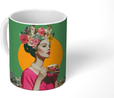 Mok - Koffiemok - Retro - Vrouw - Stad - Zon - Mokken - 350 ML - Beker - Koffiemokken - Theemok