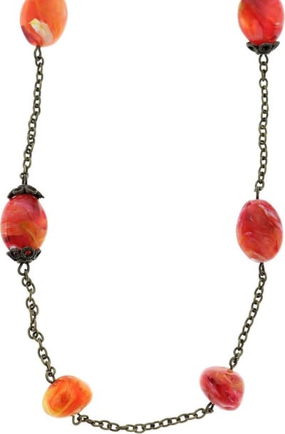Behave - Lange antiek goudkleurige ketting met gele en oranje kralen - 162 cm