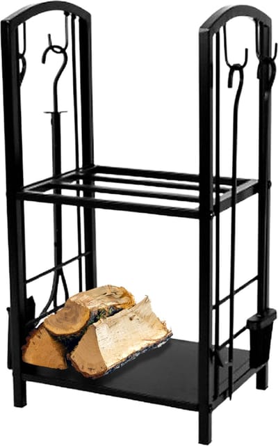 Muntel® Brandhout Rek - 2 Opbergniveaus - Haardhout - Inclusief gereedschap - Metaal - Zwart - 30,5 x 40,6 x 74,5 Cm