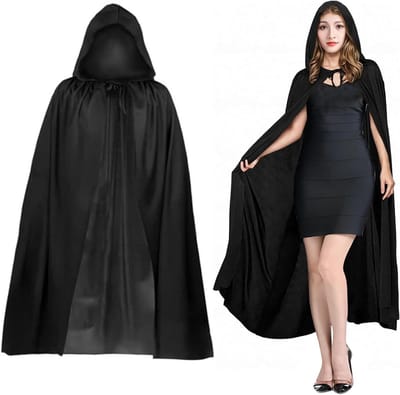 Halloween Zwarte Cape met Kap voor Vampier Kostuum en 20 Waterdichte Tattoo Scar Stickers voor Volwassenen en Kinderen - Cosplay Accessoires voor Halloween en Maskerades