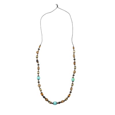 Behave Lange ketting - Turquoise en bruine kralen op touw