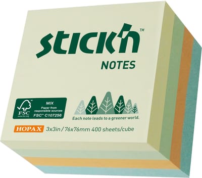 Stick'n Sticky Notes Kubus - FSC - 76x76mm - 4 Pastel Kleuren 400 Memoblaadjes -Milieuvriendelijk