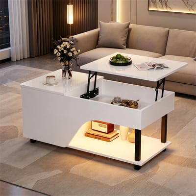 In hoogte verstelbare salontafel – 100 cm lang – Met verborgen opbergruimte – LED-verlichting – Wit