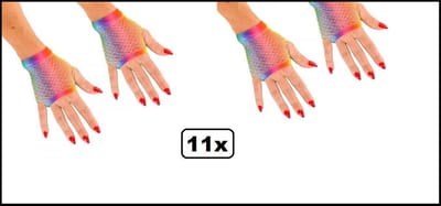 11x Paar Regenboog nethandschoen kort vingerloos - net handschoen carnaval gay pride festival optocht vingerloze thema feest
