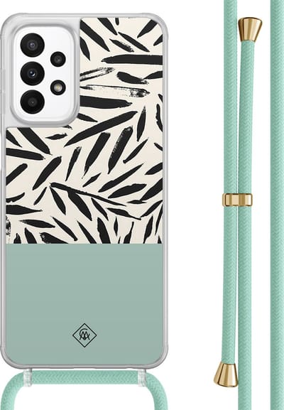Casimoda® hoesje met mintgroen koord - Geschikt voor Samsung A23 - Abstract Mint Palms - Afneembaar koord - TPU/acryl - Mint
