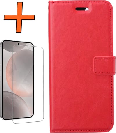 Hoes - Met Screenprotector - Geschikt voor Samsung Galaxy S24 - Luxe Pasjeshouder - Bookcase Portemonee - Flip Case - Kunstleer Book Case - Flipcase - Book Cover - Walletcase - PortemonneeHoes - Rood
