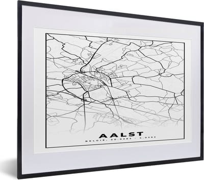 Fotolijst incl. Poster Zwart Wit- Stadskaart – Plattegrond – België – Zwart Wit – Aalst – Kaart - 40x30 cm - Posterlijst