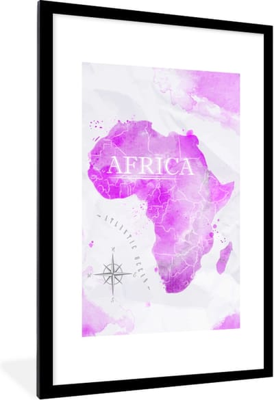 Poster in lijst - Fotolijst 80x120 cm - Posters - Wereldkaart - Roze - Afrika - Posterlijst zwart - Decoratie - Wanddecoratie woonkamer - Muurdecoratie slaapkamer