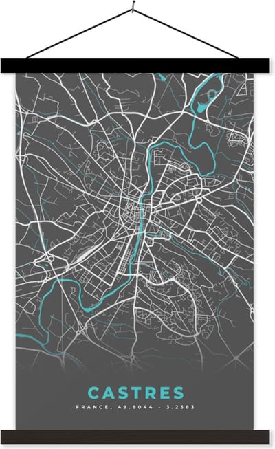 Posterhanger incl. Poster 40x60 cm - Schoolplaat - Castres - Frankrijk - Plattegrond - Kaart - Stadskaart - Textielposter - Zwarte latten - Stadskaart
