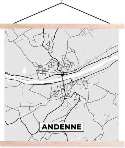 Posterhanger incl. Poster 40x40 cm - Schoolplaat - Stadskaart – Zwart Wit - Kaart – Andenne – België – Plattegrond - Textielposter - Blanke latten - Stadskaart