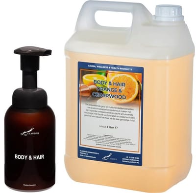 Zeepdispenser 300 ml amber bruin hervulbaar + 5 liter Body & Hair Sweet Orange & Cedarwood navulling