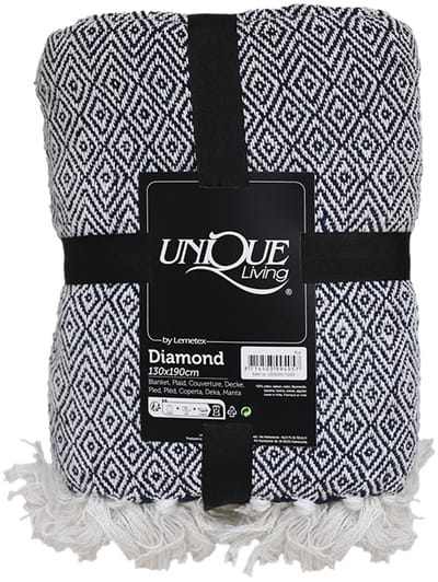 Plaid - Diamond - Donker Blauw - Wit - met tassels - 130 x 190 cm