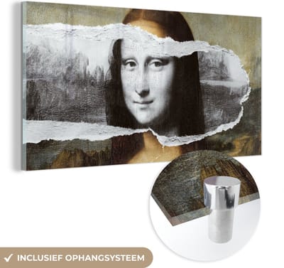 MuchoWow® Glasschilderij 40x20 cm - Schilderij acrylglas - Mona Lisa - Da Vinci - Zwart - Wit - Foto op glas - Schilderijen