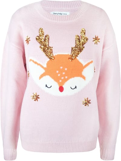Starry Indigo - Foute Kersttrui / Sweater Meisjes met Glitter | Reindeer | Roos