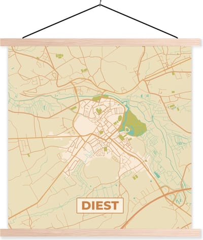 Posterhanger incl. Poster 40x40 cm - Schoolplaat - België - Kaart - Stadskaart - Plattegrond - Diest - Textielposter - Blanke latten - Stadskaart