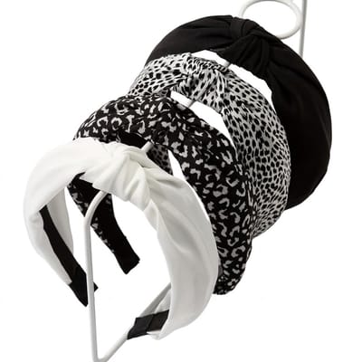 Set van 4 haarbanden dames – stoffen haarbanden met knoopdetail – zwart, wit en panterprint designs – brede handmade haar accessoires