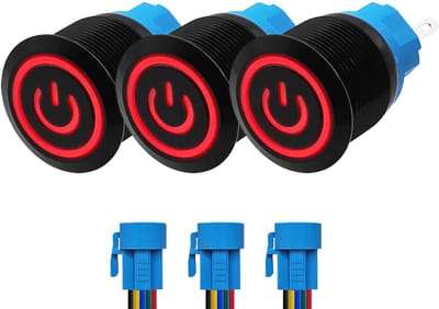 ProRide Drukschakelaar ON-OFF 220V - 22mm Metaal - Waterdicht - LED Rood - Met Kabels - 3 stuks