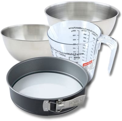 Bakkersset met 26 cm springvorm van staal, 2 mengkommen, maatbeker en spatel Zenker