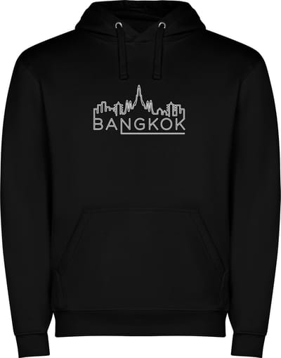 Zwarte unisex hoodie met “ Kleurrijke Sky Line Bangkok – Vakantiegevoel – Strak – Modern “ Print Full Color Color merk Roly maat S