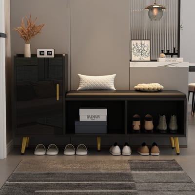 Pugsdrly Zwarte hoogglans kastdeur met opbergruimte, schoenenkast voor in de hal, opbergrek met meerdere niveaus en gestoffeerde zitting, schoenenbank met kast, gouden accessoires voor de hal, gang en slaapkamer