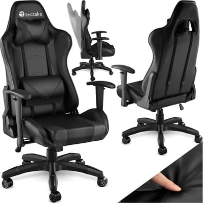 tectake® Bureaustoel - Gamingstoel met verstelbare rugleuning en armleuningen - Inclusief nekkussen en lendensteun - Ergonomisch - In hoogte verstelbaar - Maximale belastbaarheid 120 KG - Afmeting (LxBxH) 68 x 69 x 117,5-125 cm - Zwart / zwart