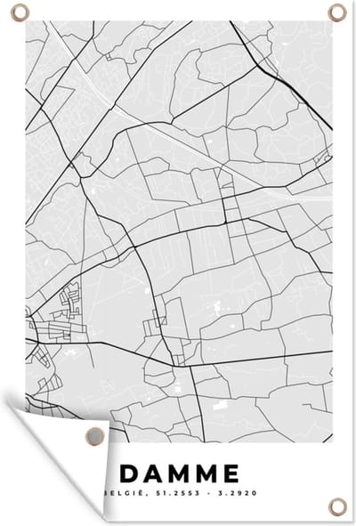 Muurdecoratie België – Damme – Stadskaart – Kaart – Zwart Wit – Plattegrond - 120x180 cm - Tuinposter - Tuindoek