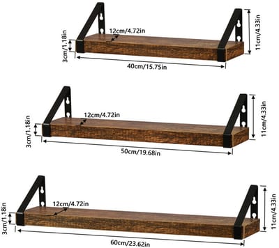 EGGREE Set van 3 wandplanken - zwevende planken (40/50/60 cm) - Rustieke houten wanddecoratie - functionele planken voor keuken - kantoor, badkamer, slaapkamer, woonkamer en bijkeuken - Vintage bruin