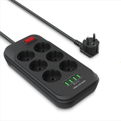 ACROPAQ Stekkerdoos – Zwart – 6-voudig, 4x USB-A snellader, met schakelaar – 2500W, 2 meter snoer – Voor smartphones & tablets