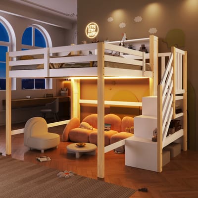 Hoogslaper 140x200 cm - LED-verlichting en Grote Opbergruimte - Opbergladder en Open Vakken - Hout - Wit Naturel