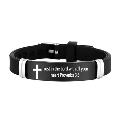 Christelijke Armband Unisex - Met Kruis & Bijbeltekst (Prov 3:5) - Zwart Siliconen & RVS - Verstelbaar & Waterbestendig - Betekenisvol Christelijk Cadeau