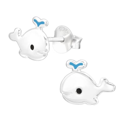 Joy|S - Zilveren walvis oorbellen - 9 x 7 mm - zilver met blauw - kinderoorbellen