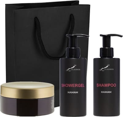 Douchepakket Hamam - Showergel + Shampoo + Scrubzout 300 gram - 300 ml per fles - set van 3 stuks - met luxe gift tas - cadeau - giftset voor hem en haar